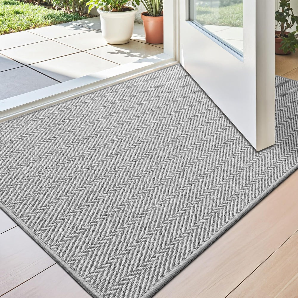 Non-Slip Doormat Low Profile Indoor Outdoor Entry Mat Dirt Trapper – Front Door, Entryway, Patio, Porch & Garage Rug, 4 Sizes, Beige & Grey