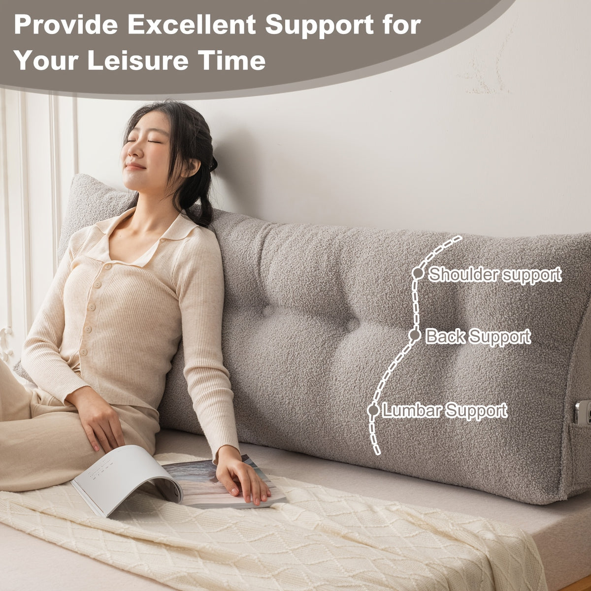 Wedge Headboard Pillow with Side Pocket Triangular Bed Reading Backrest Bolster, Teddy Velvet Removable Washable Cover Bed Gap Filler for Twin Queen King, 7 Colors