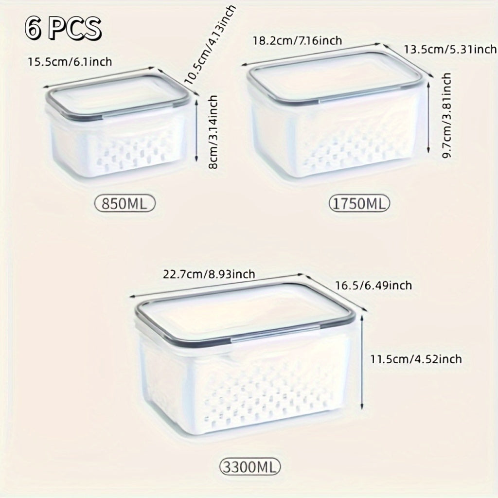 Food Storage Containers Set 6-Piece BPA-Free with Drain Baskets & Lids - Leak-Proof Freezer-Safe Crisper Boxes for Fruits, Vegetables & Meal Prep Leftovers, Reusable Kitchen Organizers