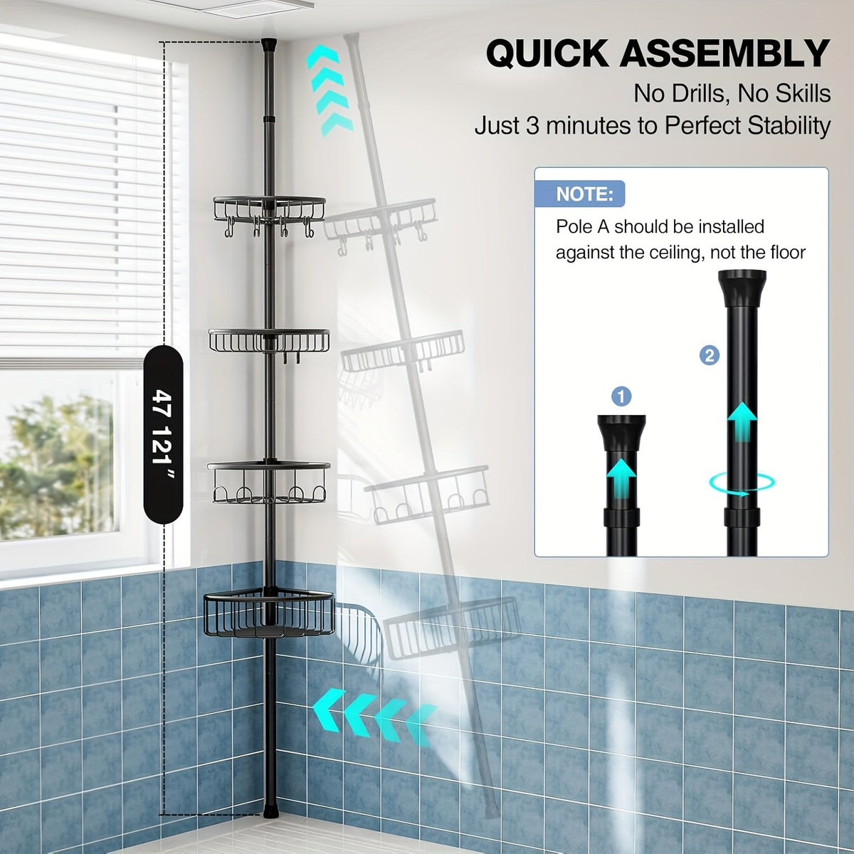4-Tier Corner Shower Storage Rack No-Drill Telescopic Floor Standing Organizer – Rust-Resistant Stainless Steel, Adjustable 47–121 Inch, Bathtub Shampoo Shelf in Black