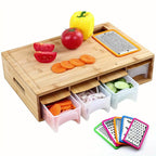 Bamboo Cutting Board with Food Container, Cheese Shredder & Juice Tank – All-in-One Wooden Carving Board for Vegetables, Meat & Cheese – Easy Grip Handle, Kitchen Prep Board