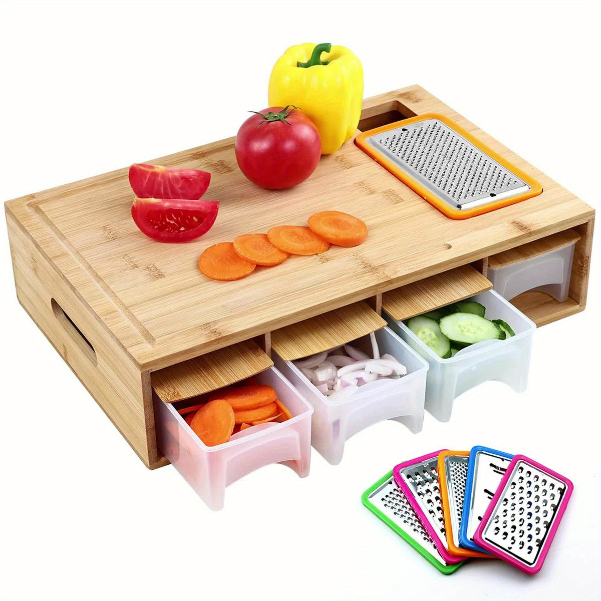 Bamboo Cutting Board with Food Container, Cheese Shredder & Juice Tank – All-in-One Wooden Carving Board for Vegetables, Meat & Cheese – Easy Grip Handle, Kitchen Prep Board