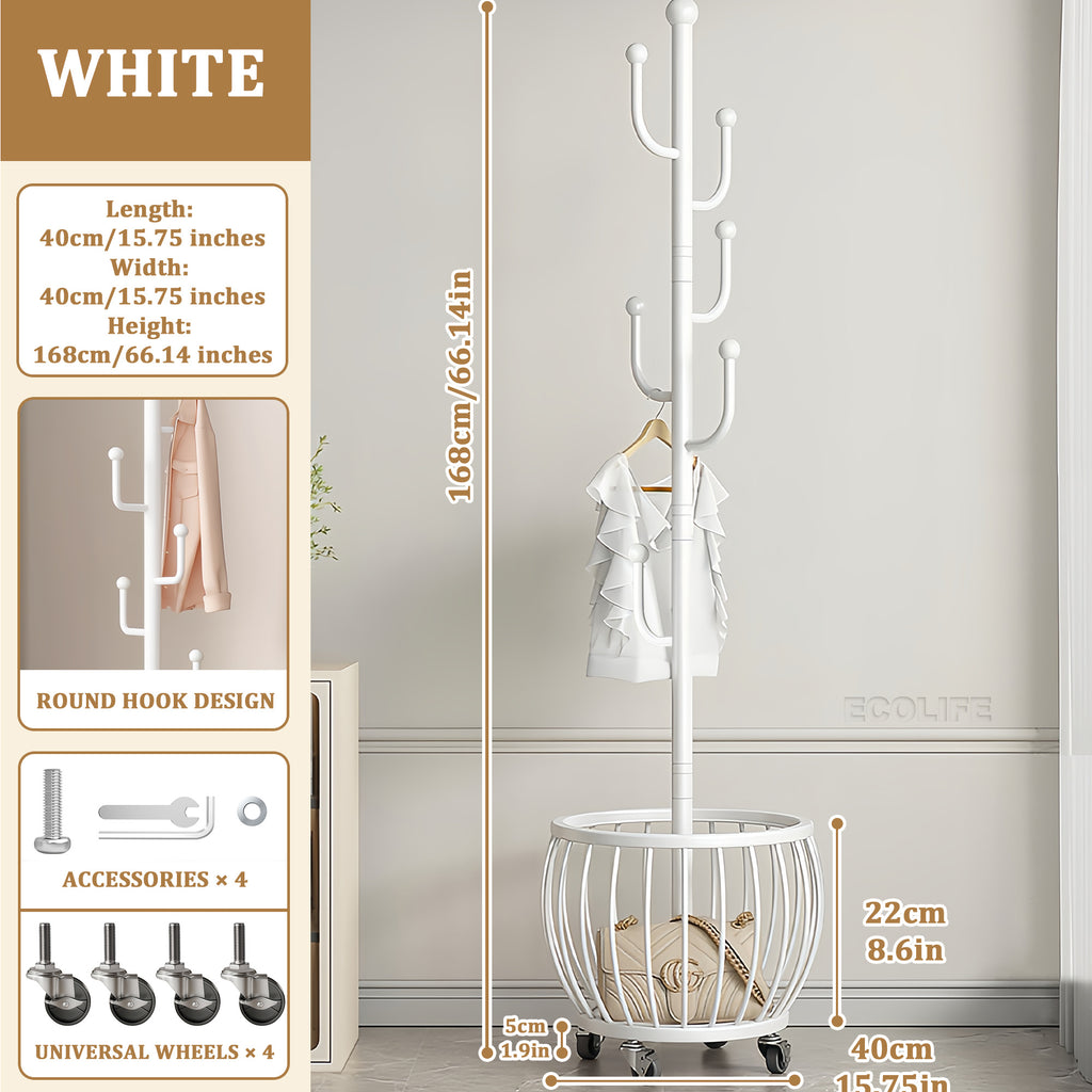 Rotating Coat Rack with Storage Basket and 6 Hooks 4 Wheels Freestanding Entryway Organizer for Coats Hats Bags