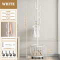 Rotating Coat Rack with Storage Basket and 6 Hooks 4 Wheels Freestanding Entryway Organizer for Coats Hats Bags