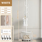 Rotating Coat Rack with Storage Basket and 6 Hooks 4 Wheels Freestanding Entryway Organizer for Coats Hats Bags