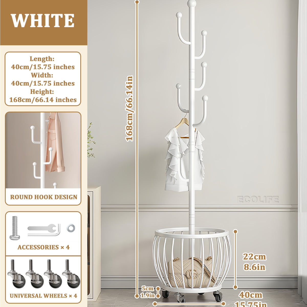 Rotating Coat Rack with Storage Basket and 6 Hooks 4 Wheels Freestanding Entryway Organizer for Coats Hats Bags