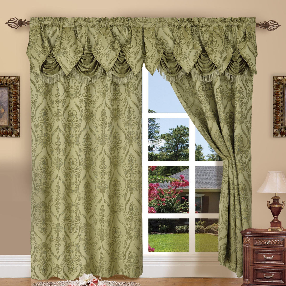 Penelope Jacquard Curtains with Attached Waterfall Valance – 2 Panel Luxury Room Darkening Rod Pocket Curtain Set, 54x84 Inch, Machine Washable for Living Room Bedroom Study Home Office