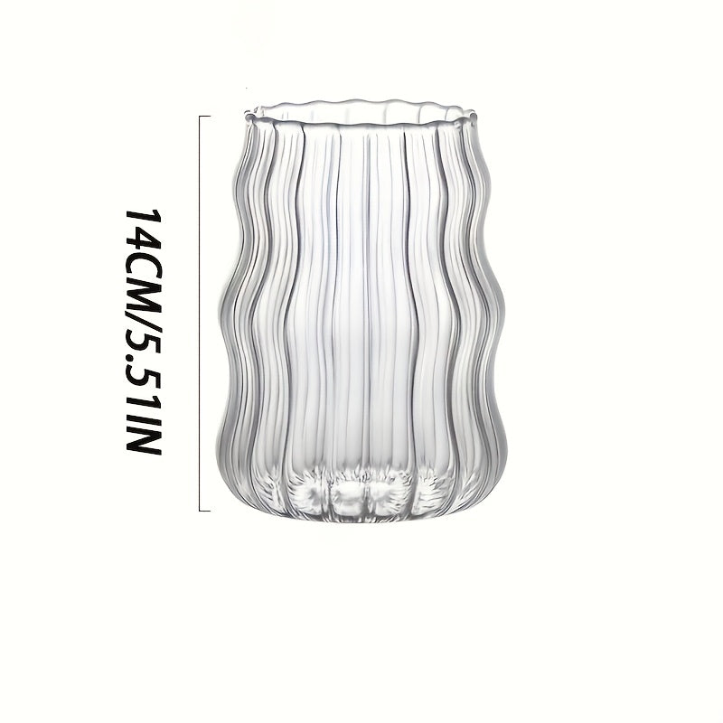 Glass Coffee Mugs with Straw Set of 6 - Retro Stripe Design Clear Glass Cups for Iced Coffee, Tea & Cold Drinks, Minimalist Office & Home Drinkware, Includes Straw Cleaning Brush