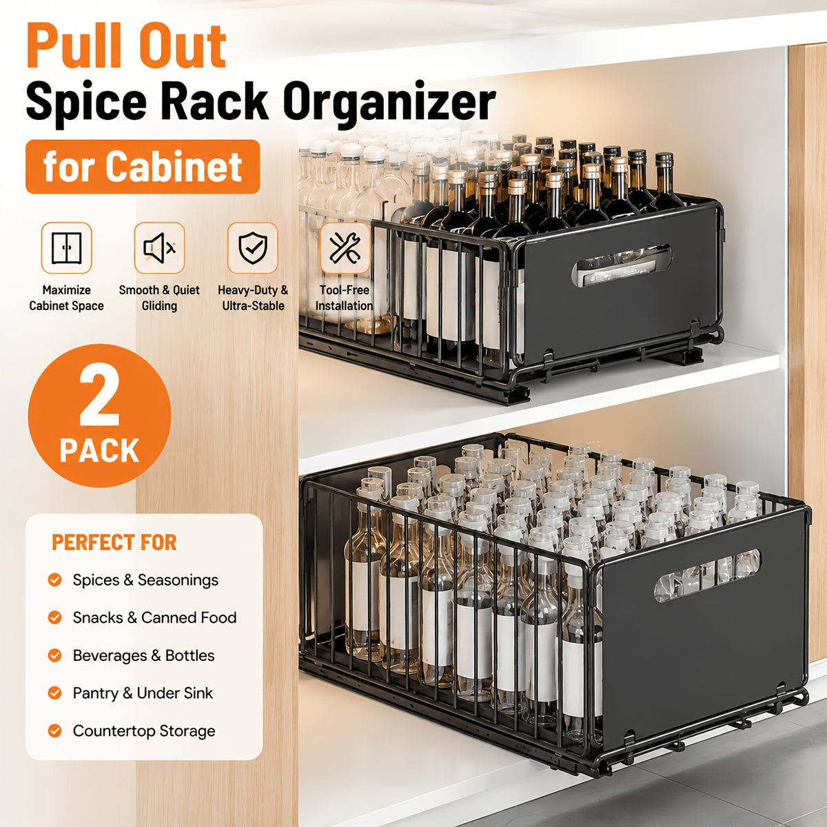 Cabinet Pull-Out Storage Basket 2pcs – Sliding Under-Sink Organizer, Spice Rack & Pantry Shelf Basket for Kitchen, Bathroom & Household Storage