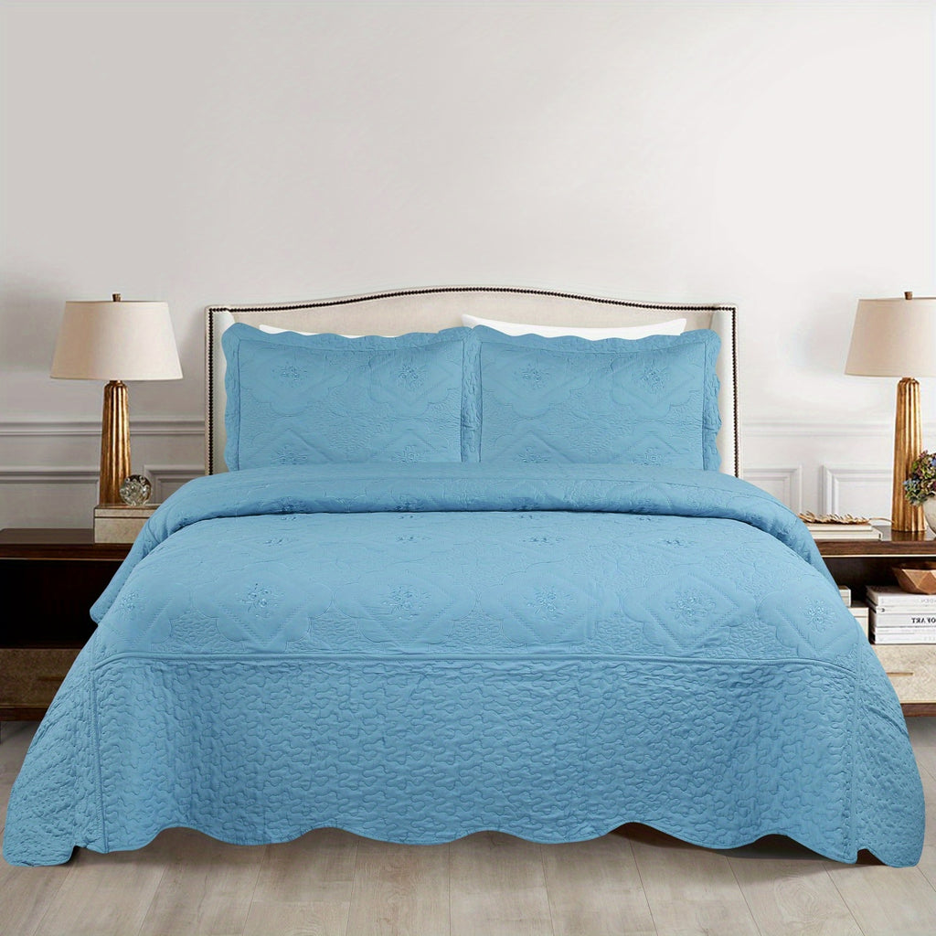 Quilted Embroidered Bedspread Set 3 Pcs – Floral Embroidery, 100% Polyester, Wrinkle-Resistant Lightweight Coverlet for Queen & King Bedroom Decor, 16 Colors