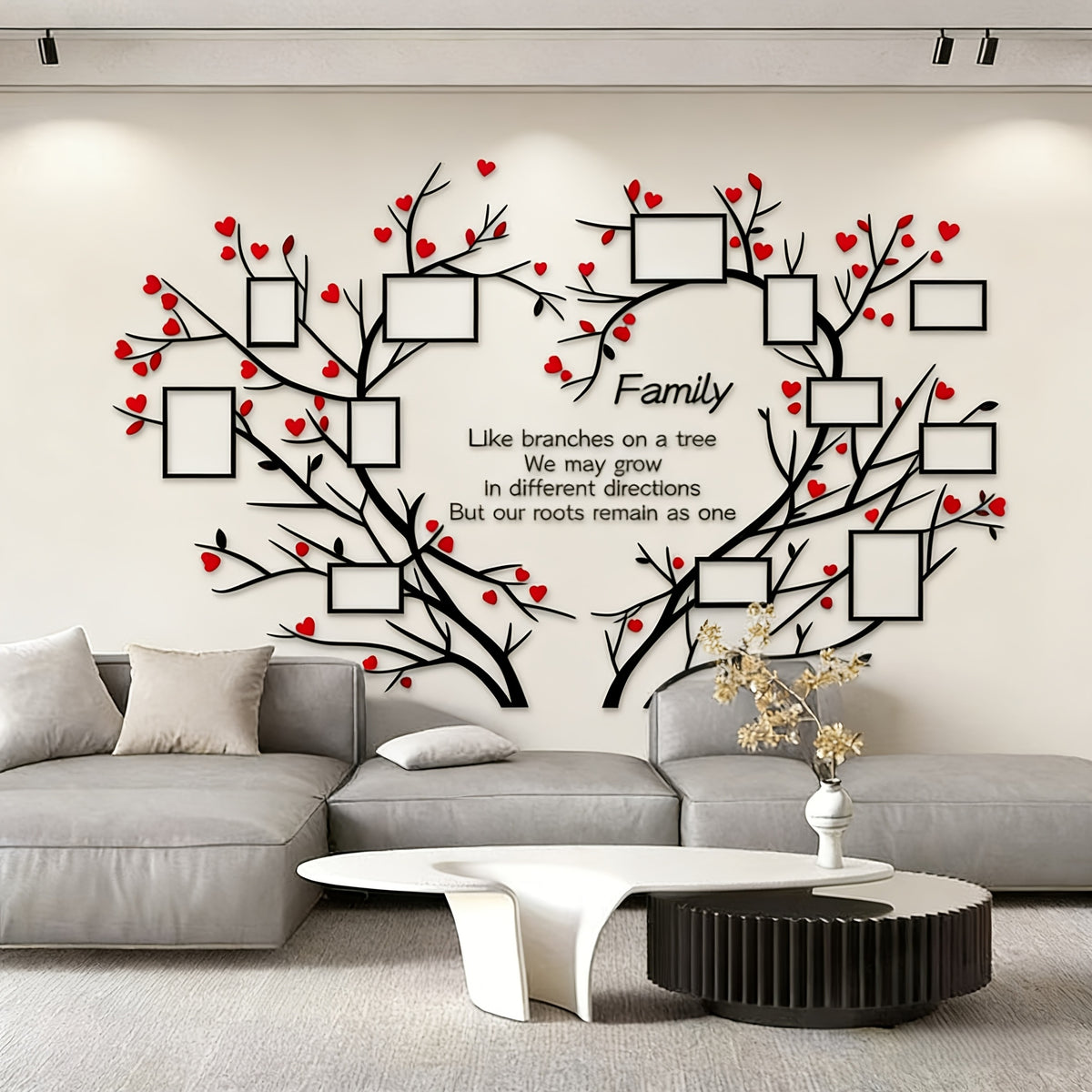 Family Tree Collage Frame Wall Decor - Removable 3D Acrylic Heart Design Photo Frames - DIY Peel and Stick Wall Art for Living Room and Bedroom - Unique Family Gift for Home
