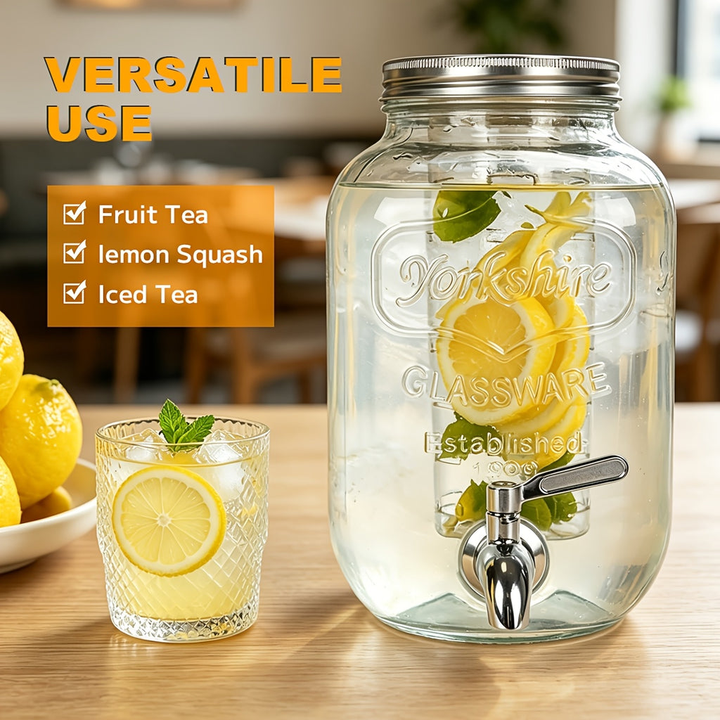 2-Pack Glass Beverage Dispenser with Fruit Infuser, Ice Cylinder & Stainless Steel Spigot – 1 Gallon Lemonade Drink Dispenser for Parties, BBQ, Weddings & Picnics