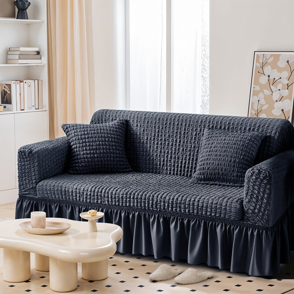 Velvet Jacquard Sofa Cover Ruffle Detail – Non-Slip Dustproof Soft Breathable Slipcover, Machine Washable All-Season, Polyester Spandex, 1/2/3/4 Seater, Grey