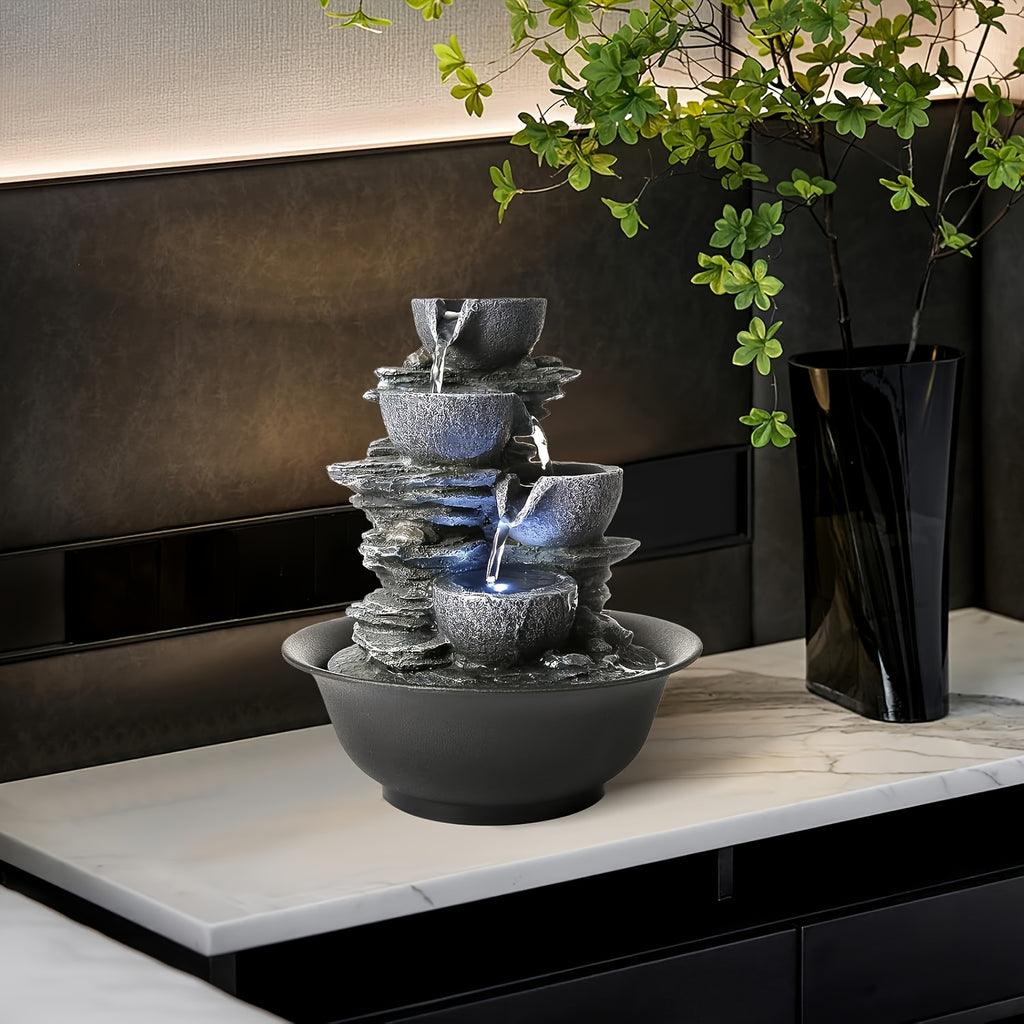 Tabletop Water Fountain Indoor Resin Waterfall with LED Light Realistic Rock Design Plug-In Soothing Ambiance for Bedroom Living Room Office Meditation Desk Decor