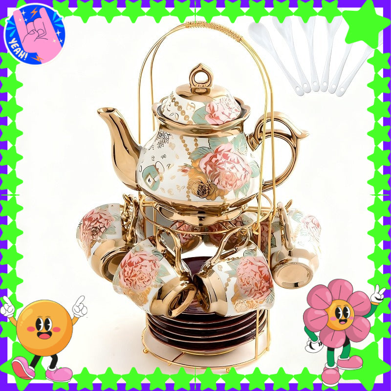 20 Piece Ceramic Tea Set Floral Design – European Afternoon Tea Service with Teapot, Cups, Saucers & Metal Stand – Blooming Style, Gift for Tea Lovers