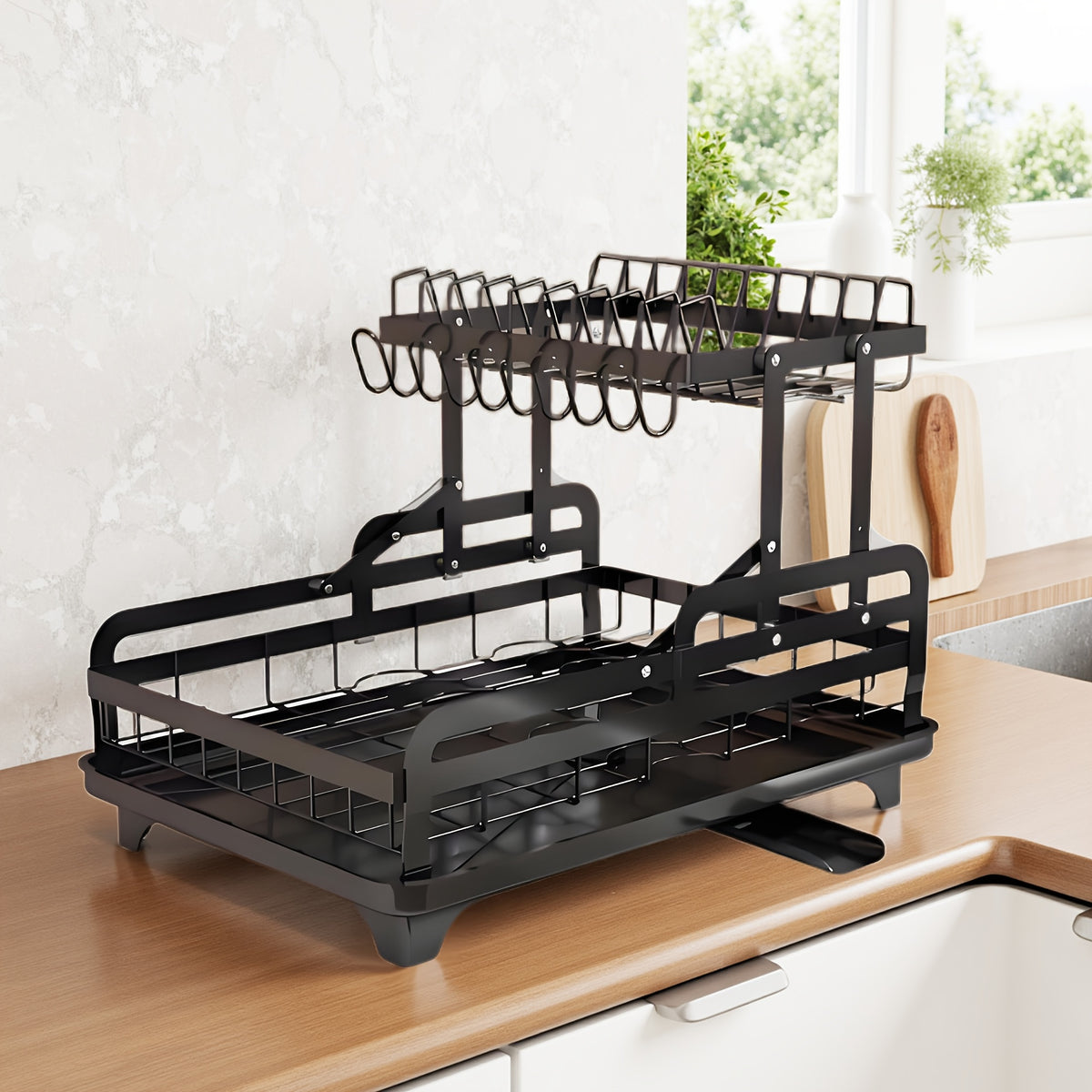 2-Tier Dish Drying Rack with Drainboard – Large Carbon Steel Dish Drainer with Glass & Utensil Holders, Drying Mat, Rust-Resistant, for Kitchen Countertop – Foldable & Double Layer Options
