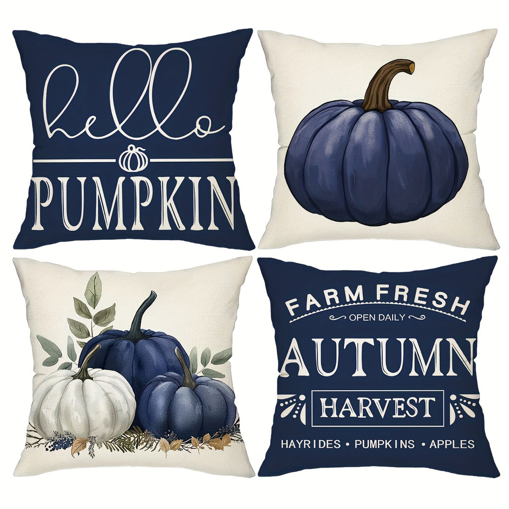 Fall Blue Pumpkin Throw Pillow Covers, Set of 4 – 18x18 Inch Rustic Farmhouse Autumn Cushion Cases for Sofa, Couch & Porch