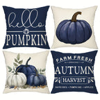 Fall Blue Pumpkin Throw Pillow Covers, Set of 4 – 18x18 Inch Rustic Farmhouse Autumn Cushion Cases for Sofa, Couch & Porch