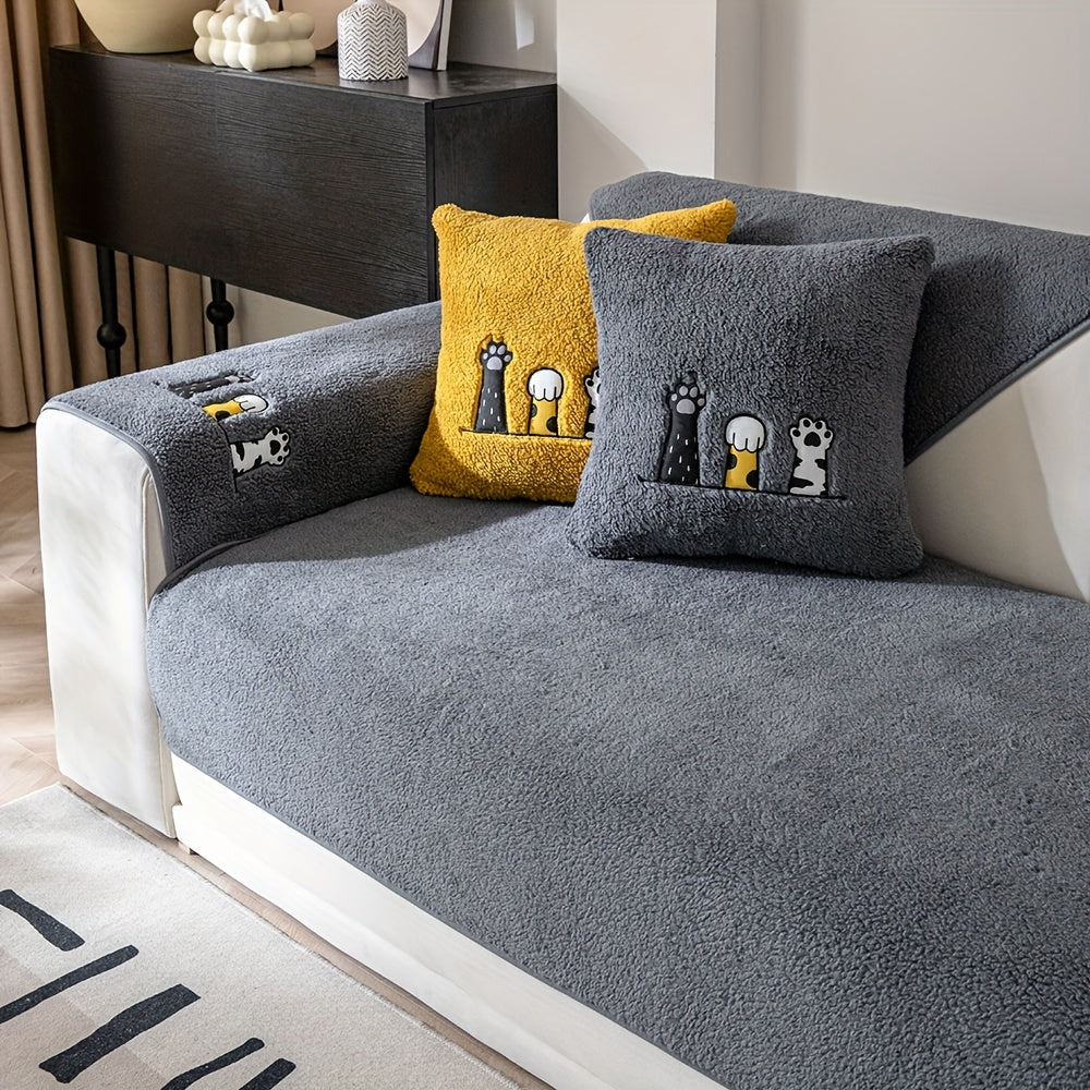 Sherpa Sofa Cover with Cat Paw Embroidery – Thick Plush Non-Slip Couch Slipcover, Pet-Friendly & Machine Washable Furniture Protector