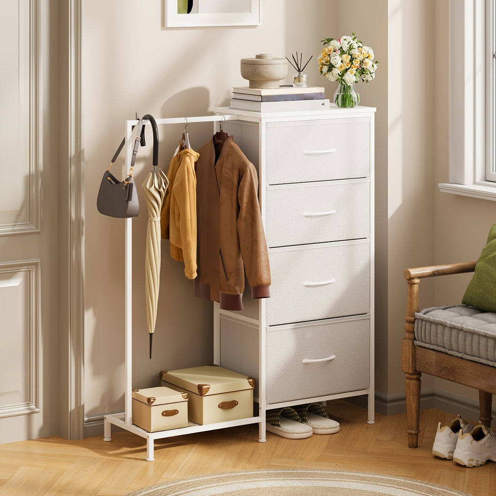 Fabric Dresser with Clothes Rack & Drawer Tower – 4 or 5 Drawers, Sturdy Frame, Optional LED Lighting & USB Charging Station for Bedroom