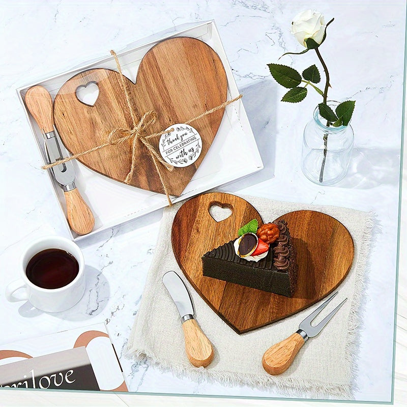 Heart-Shaped Mini Charcuterie Board & Cheese Knives Gift Set – Wood Bridal Shower Favor, Wedding Gift & Party Thank-You Box | Acacia & Bamboo | 6 or 12 Sets