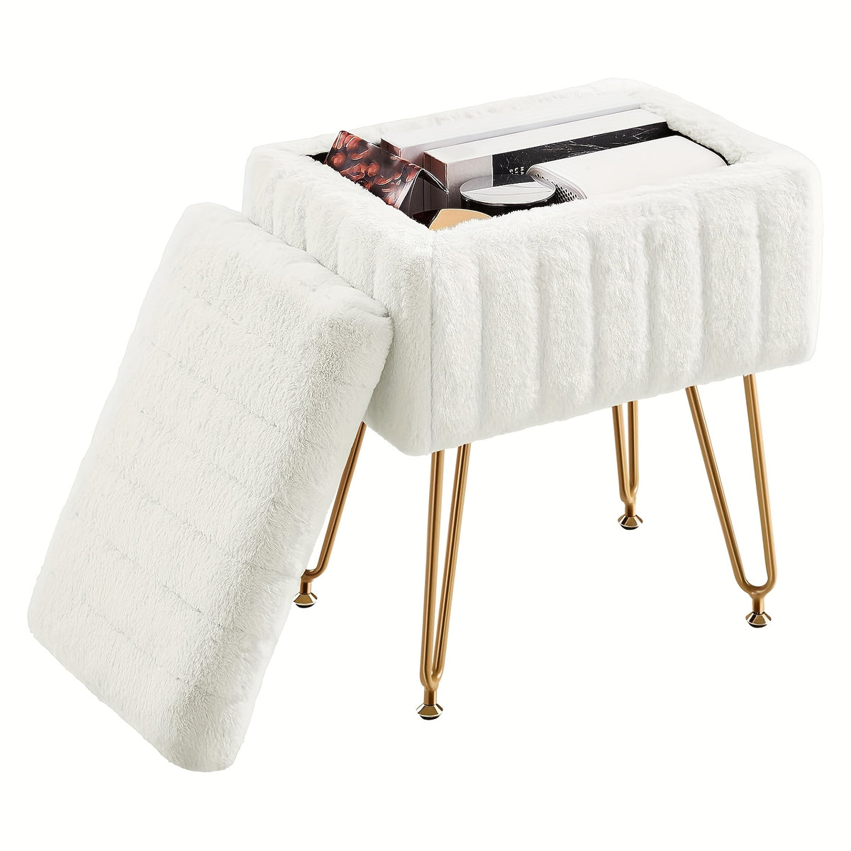 Vanity Chair with Storage PU Leather Makeup Stool Shoe Changing Ottoman Dual Purpose Seat 4 Gold Metal Legs Bedroom Living Room Study Cream White Black Pink Purple