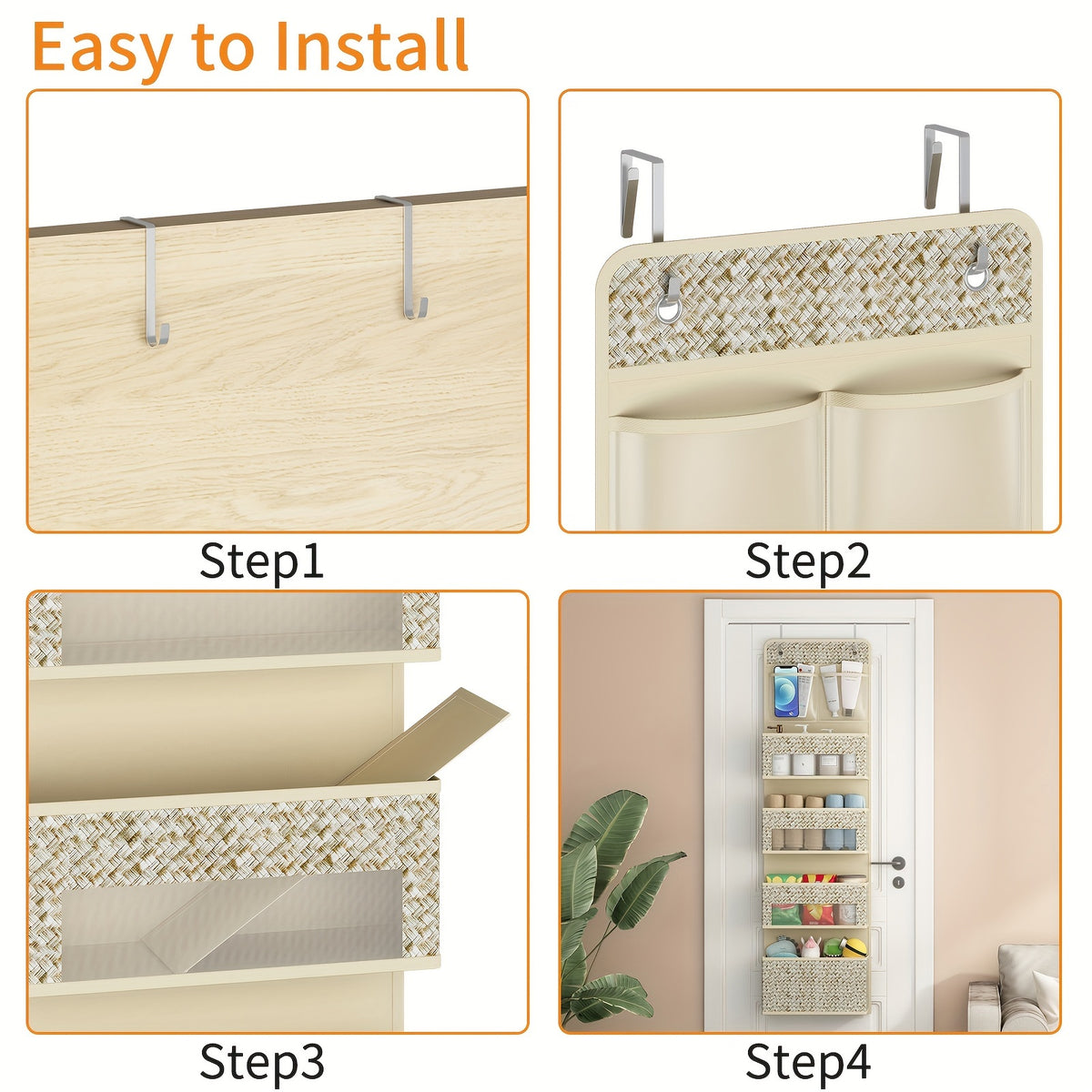 Over-The-Door Hanging Organizer – Set of 2, 5-Shelf with 4 Clear Plastic Pockets, Beige Utility Rack for Closet, Bedroom & Bathroom Storage