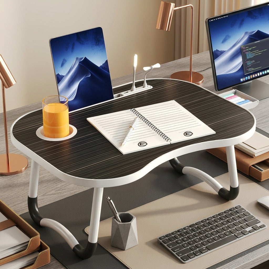Portable Foldable Laptop Bed Table – Lap Desk with Cup Holder, Tablet & Card Slot, USB Option, for Bed Sofa Floor, Eating Reading Writing, 11 Styles