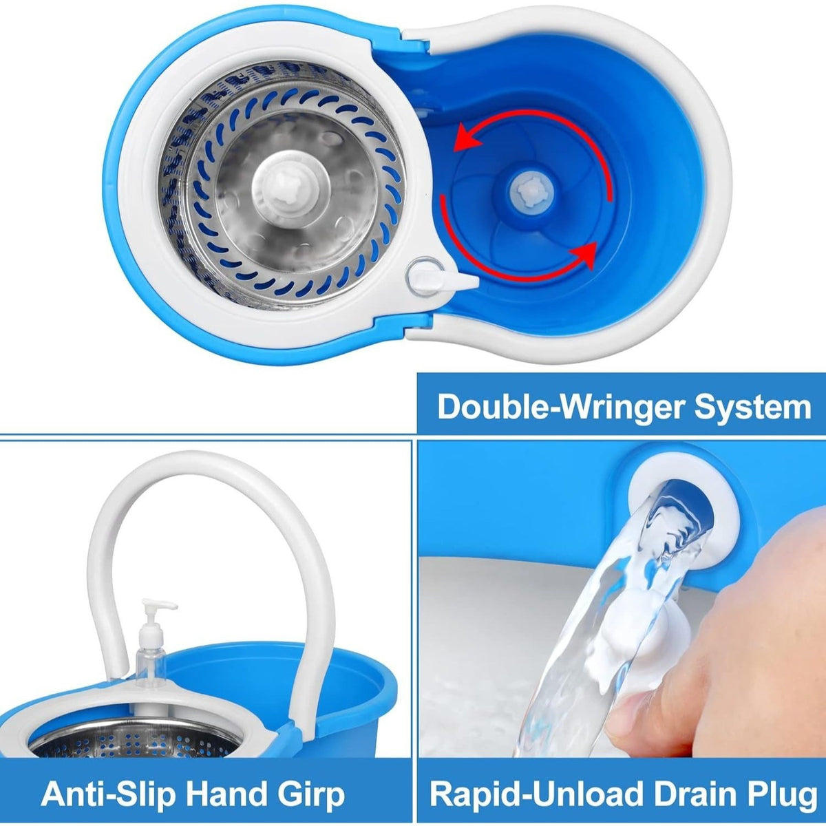 360° Spin Mop and Bucket Set with Wringer – Stainless Steel Extended Handle Spinning Mop Bucket System with 4 Microfiber Mop Refills for Hardwood Tile & Laminate Floor Cleaning