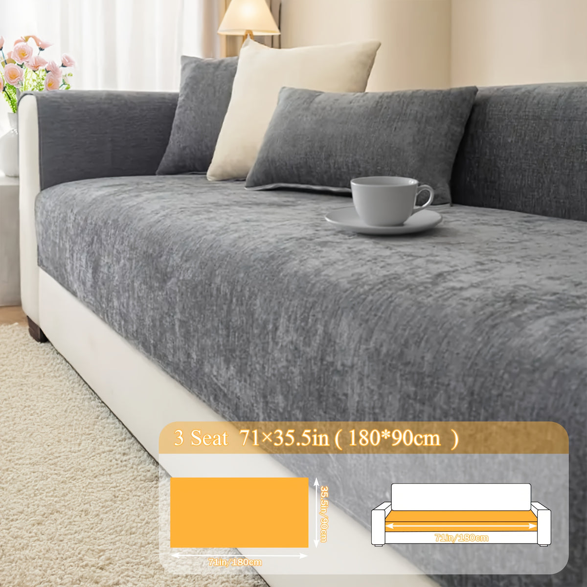 Chenille Sofa Cover for 3 4 Seater Washable Non-Slip Couch Cover Pet Friendly Furniture Protector Gray Brown Living Room
