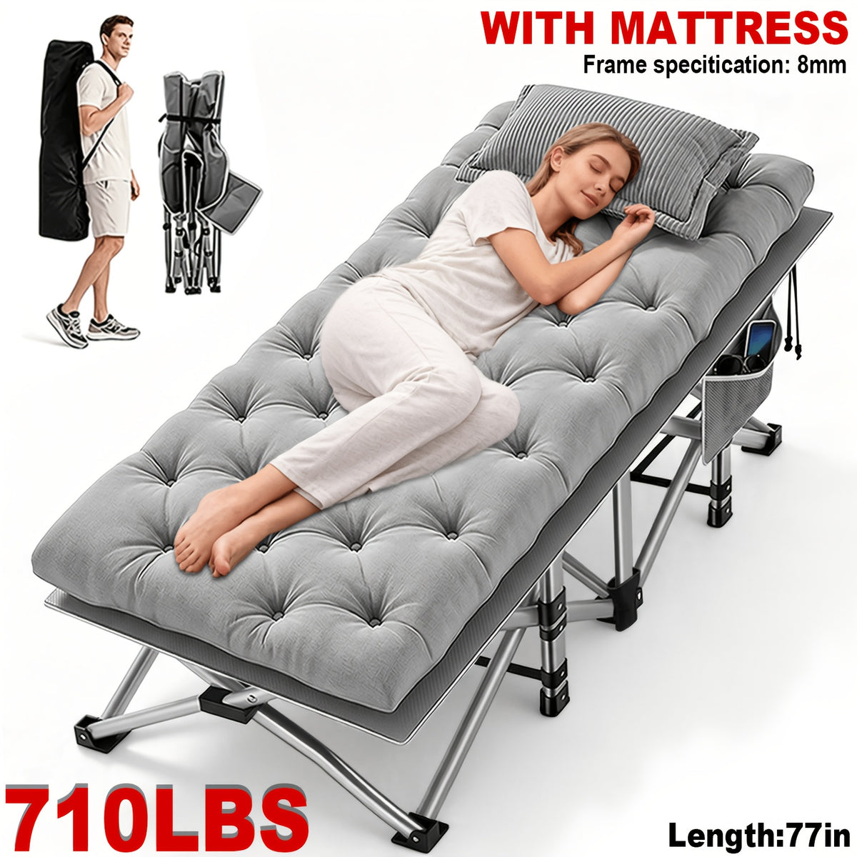 Portable Folding Camping Bed 28in Wide Heavy Duty 510 710 lbs with Optional Mattress Cushion Pillow Carry Bag Cot for Office Nap Beach Yard RV Adult
