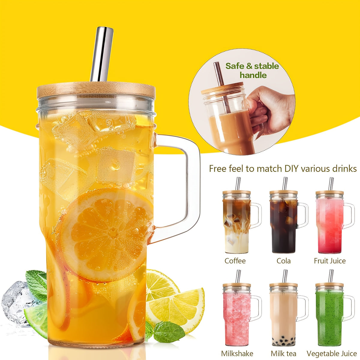 Glass Cup with Lid and Straw 24oz Large Handle Tumbler for Iced Tea Coffee – Set of 2 or 4 with Cleaning Brushes Holiday Gift