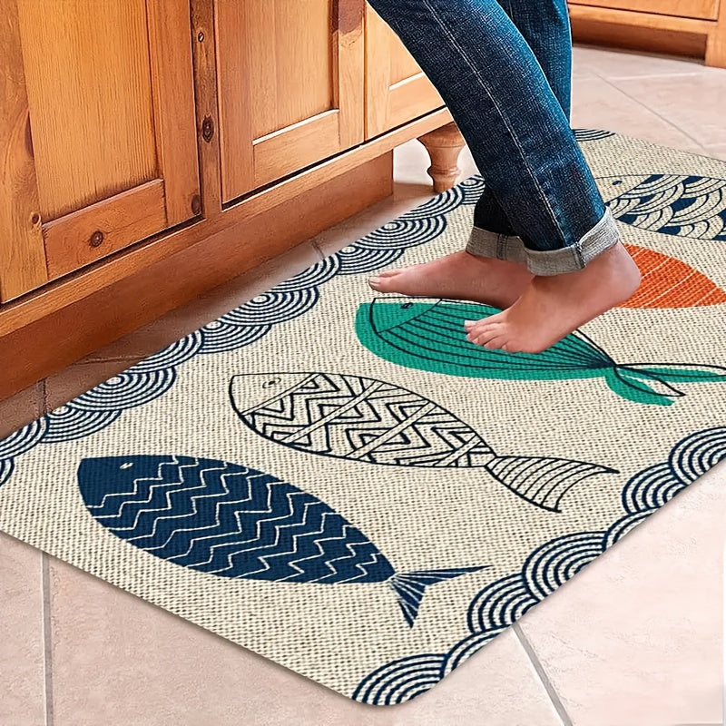 Summer Fish Pattern Flannel Door Mat Washable Soft Non-Slip Area Rug for Front Door Bedroom Farmhouse Laundry Room Decoration - 2 Sizes