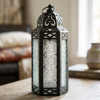 Moroccan Candle Lantern Holder Medium 10.5 Inch – Handcrafted Glass Iron Metal Lantern with Embossed Floral Panels, 17 Colors, Indoor Outdoor Use for Ramadan, Wedding, Patio, Diwali & Home Decor