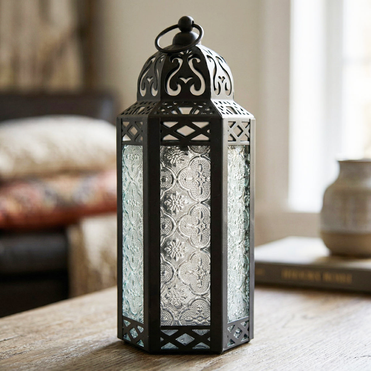 Moroccan Candle Lantern Holder Medium 10.5 Inch – Handcrafted Glass Iron Metal Lantern with Embossed Floral Panels, 17 Colors, Indoor Outdoor Use for Ramadan, Wedding, Patio, Diwali & Home Decor