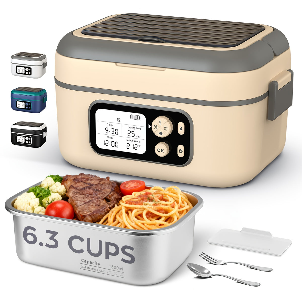 Cordless Electric Heating Lunch Box 1.5L/50.72oz - 304 Stainless Steel, 24000mAh Rechargeable Battery, Adjustable Temp & Timer, Office Picnic Car Travel, Fork Spoon Divider Included, Black White Yellow Blue