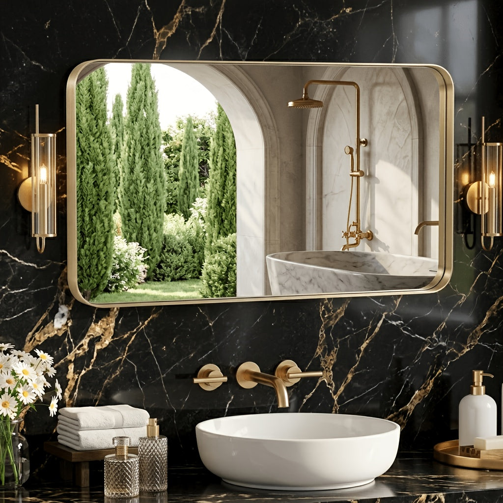 Metal Framed Rounded Rectangle Wall Mirror for Bathroom – Over Sink, Horizontal or Vertical Hanging, Modern Farmhouse Decor, Matte Black, Gold & Silver, Multiple Sizes 16x20 to 36x48 In