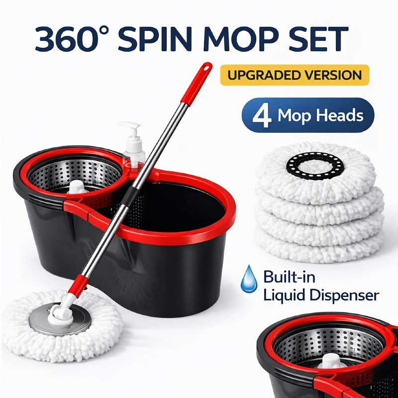 Spin Mop and Bucket Set with Wringer 360°, 4 Microfiber Mop Heads Included, Spinning Mop Bucket System for Bathroom Kitchen Bedroom Living Room Floor Cleaning