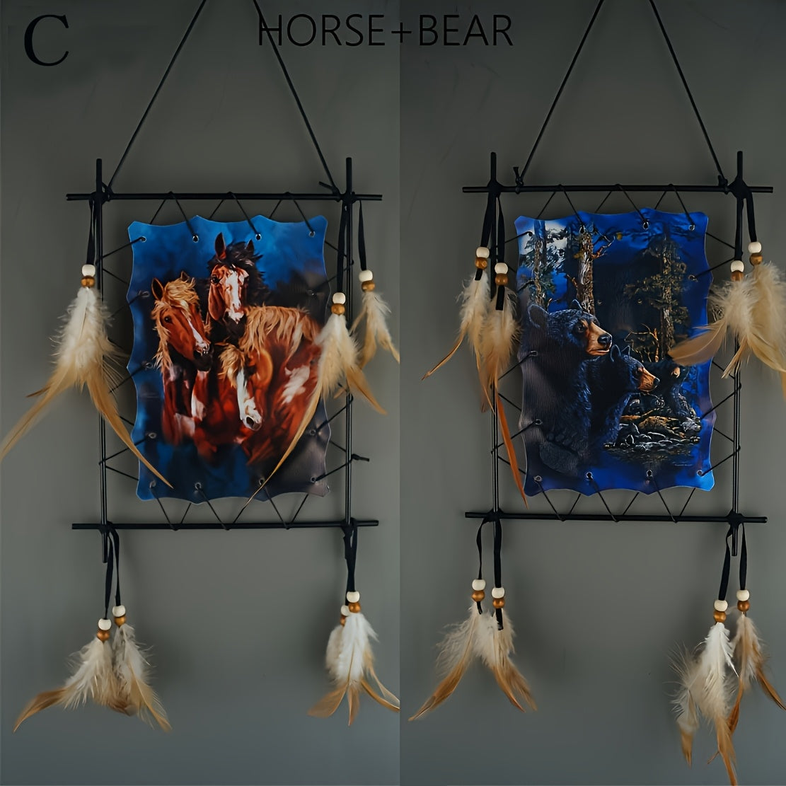 Wolf & Eagle Canvas Wall Art Set 2pc – Dream Catcher Style Framed Canvas Prints with Feather Accents for Living Room TV Wall Entryway Boho Decor