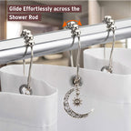 Crescent Shower Curtain Hooks 12 Pack - Silvery Moon Design Cast Iron Rust-Resistant Decorative Curtain Rings, Easy Install for Bathroom Kitchen & Standard Shower Rods