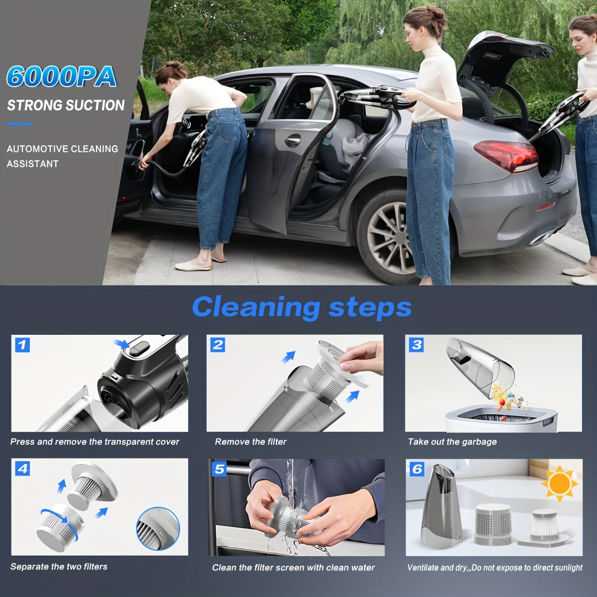 Cordless Car Vacuum Cleaner 6000PA Strong Suction Handheld Portable Rechargeable with 5 Accessories for Car Interior Home Pet Hair Cleaning Pink Gift for Women