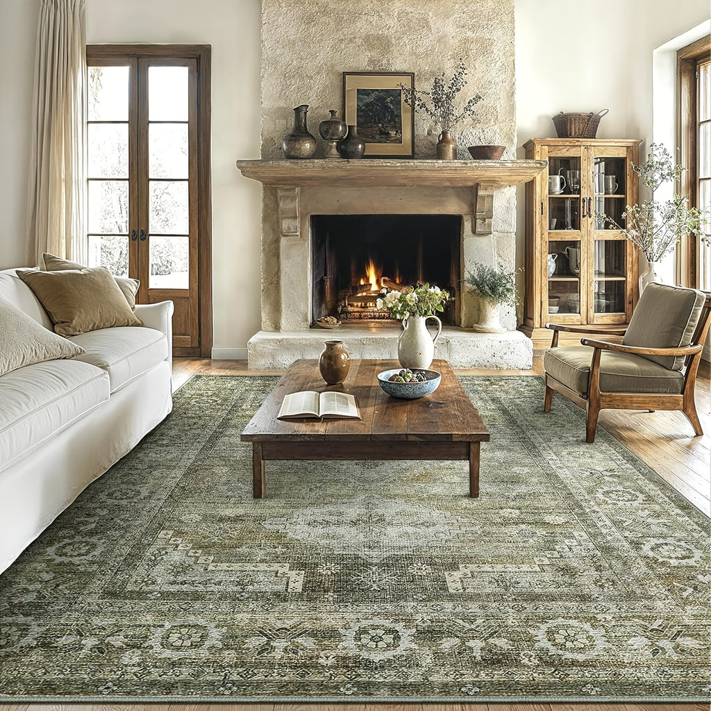 Sage Green Runner Rug Machine Washable Non-Slip - Boho Vintage Distressed Low Pile Flat Rug for Hallway Kitchen Entryway, Ultra-Thin Under-Door Fit, 11 Sizes
