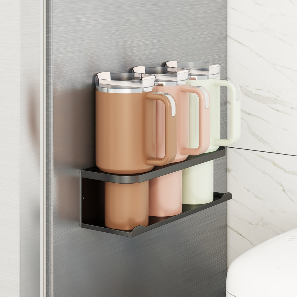 Magnetic Cup Holder for Fridge Heavy Duty Metal Organizer Rack for Tumblers Water Bottles Travel Mugs Drinkware - Magnetic Fridge Cup Organizer for Kitchen Pantry Cabinet Laundry Room, Black, 1-2 Pack