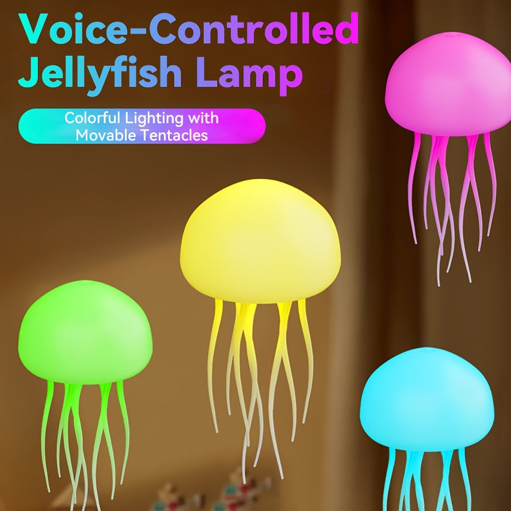 Voice-Controlled Jellyfish LED Lamp Full-Color Gradient Dimmable – 2000mAh Rechargeable Lifelike Tentacles Night Light, Freestanding or Hanging Home Decoration
