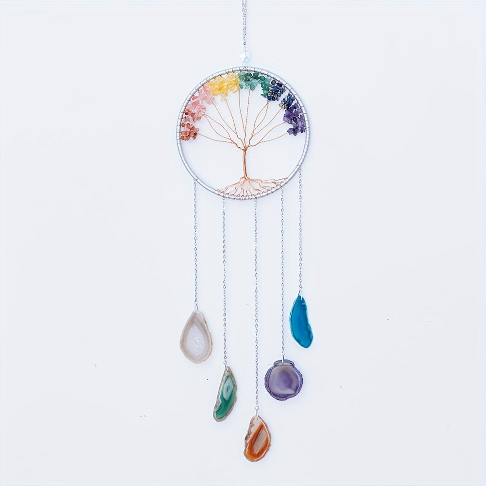 Crystal Dream Catcher Wind Chime Wall Art Handmade Rainbow Beads Tree Motif Boho Wall Hanging for Living Room Bedroom Wedding Christmas Gift