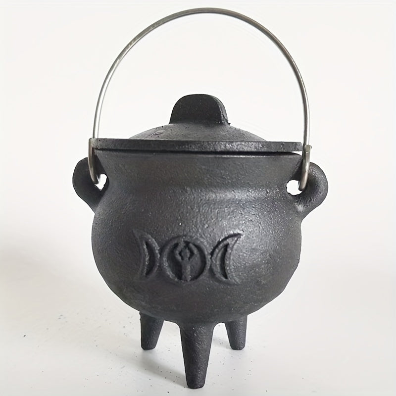 Cast Iron Cauldron with Lid & Carry Handle – Pentagram & Triple Moon Witchcraft Cauldron for Incense Burning, Candles, Spells, Halloween Decoration & Ritual Supplies