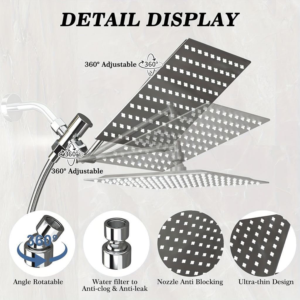 High Pressure Rainfall Handheld Shower Head Combo with 11-Inch Extension Arm 9 Spray Settings Anti-Leak Height Angle Adjustable Chrome Matte Black