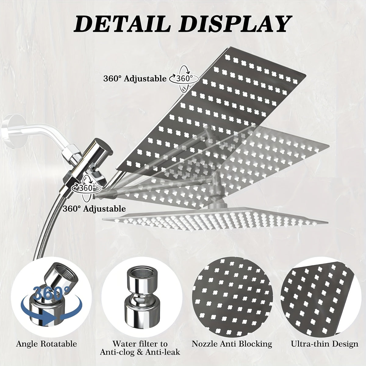 High Pressure Rainfall Handheld Shower Head Combo with 11-Inch Extension Arm 9 Spray Settings Anti-Leak Height Angle Adjustable Chrome Matte Black