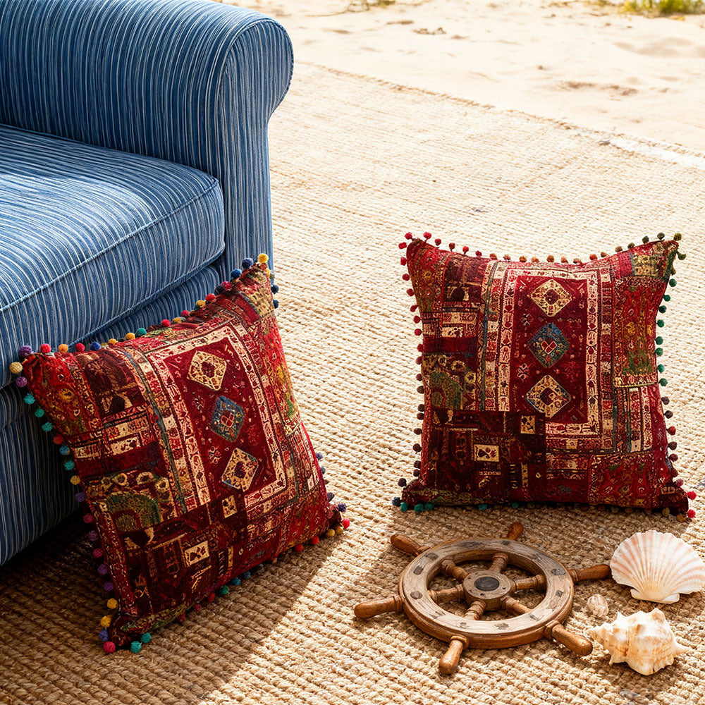 2-Pack Turkish Moroccan Throw Pillows with Inserts Reversible Floral Boho Decorative Pillow 18x18 Inch Polyester Square Cushion Zip Cover for Sofa Couch Bedroom Living Room 7 Colors
