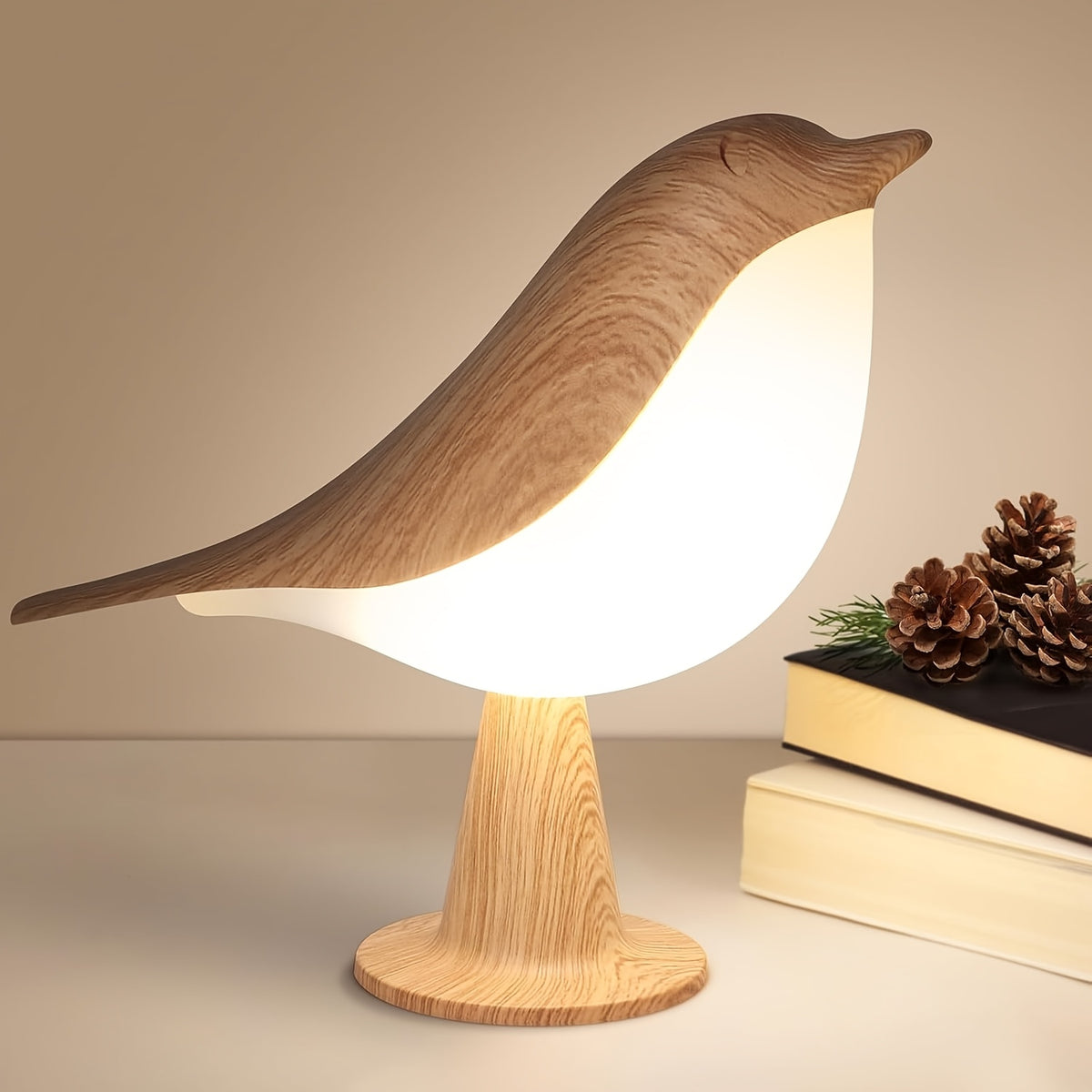 Portable Rechargeable Birchwood Night Light - 3 Color Temps, Dimmable Touch Control, Aromatherapy-Compatible, Hangable, for Bedroom Bedside Camping | Nuvia Haven